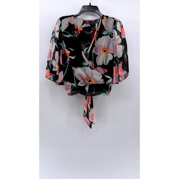 EXPRESS Women's Black Floral Print Sheer Wrap Tie Long Pleated Sleeve Top SZ L - Picture 3 of 12